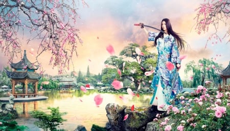 Japan - sword, japan, pink, katana, girl, frumusete, blue, evgeny dvoretckiy, fantasy, kimono, green