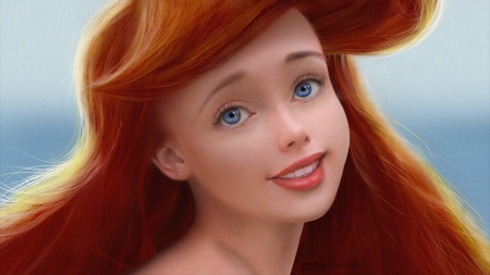 Ariel - face, cute, girl, frumusete, redhead, fantasy, mermaid, ariel, byrone gravers, luminos