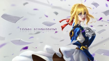 Violet Evergarden - girl, violet evergarden, yellow, blue, anime, fantasy, manga, peiyu huang