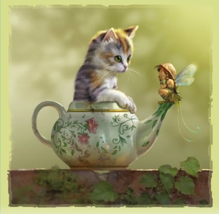 ♥ - paolo barbieri, girl, teapot, cat, fantasy, kitten, green, pisici, fairy, cute, art, luminos, cup