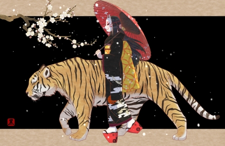 :) - tiger, fantasy, parasol, mask, red, tigru, jean lu, asian, art, luminos