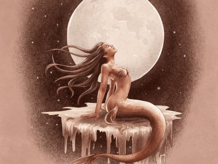 Moonlight - moon, summer, yasushi matsuoka, girl, fantasy, siren, mermaid, vara, luminos, luna