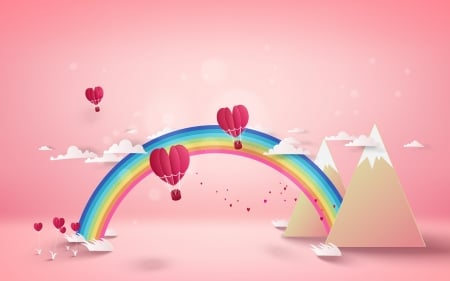 ♥ - heart, blue, pink, mountain, hot air balloon, rainbow, valentine, cloud, paper