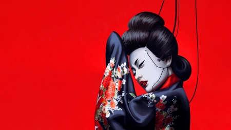 Sometimes I feel hope - geisha, girl, luminos, red, ophae, kimono, black, fantasy