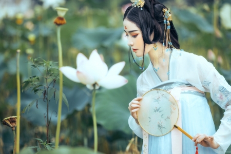 Beauty - woman, hand fan, lotus, girl, green, asian, model, flower