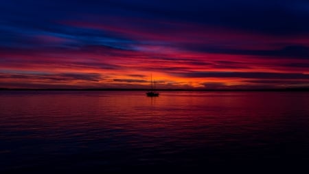 Peaceful View - blue, boat, silhouette, pink, reflection, purple, red, water, stillness, mauve, Ultra HD 4k, orange, gorgeous sunset, black, 3840x2160, peacefulness, contemplation