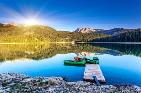 Sunrise over lake - beautiful, sunrise, reflection, mountain, boats, tranquility, serenity, lake, sky