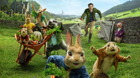 Peter Rabbit (2018) - movie, running, easter, peter rabbit, fantasy, poster, domhnall gleeson, man, animal