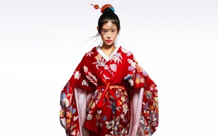 Asian girl - patricia artflow, girl, luminos, red, frumusete, kimono, asian, fantasy