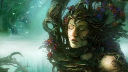 Fantasy girl - face, art, girl, luminos, green, fantasy