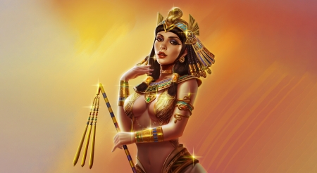 Cleopatra - yellow, queen, girl, egypt, frumusete, cleopatra, fantasy, golden, lv bowen, luminos