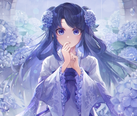 :) - girl, blue, anime, crystalherb, flower, manga