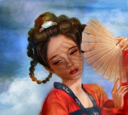 Beautiful Sunshine - hand fan, patricia artflow, girl, luminos, evantai, red, asian, fantasy