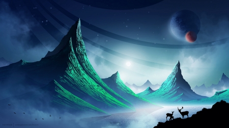 Fantasy - moon, deer, fantasy, world, michal kvac, luminos, blue, green, planet