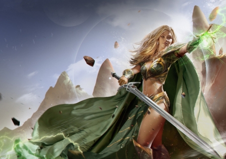 Fantasy girl - fantasy, warrior, green, girl, sword, blonde, luminos