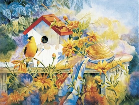 â™¥ - bird, yellow, house, pasari, art