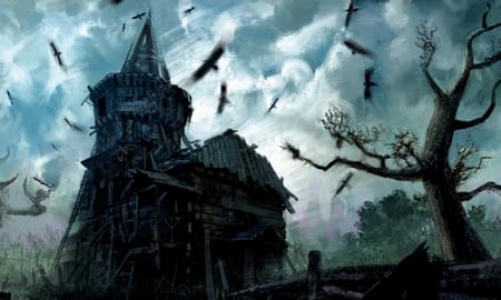 Old Scary House And Birds - sky, scary, clouds, house, old, birds