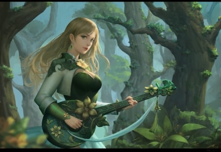 Singer - girl, singer, forest, guitar, fantasy, instrument, green, chen zhan, art, luminos