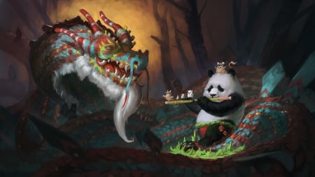 :) - simon seene, flute, instrument, fantasy, art, chine, luminos, dragon, panda