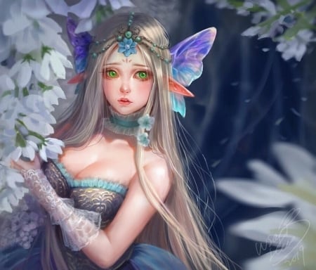 Fairy - blue, girl, pink, elf, christy oiyee, fantasy, white, butterfly, fairy, art, luminos