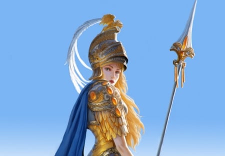 Warrior girl - helmet, girl, warrior, armor, fantasy, art, luminos, blue, jieun kim, blonde