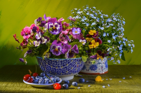 Still life with flowers and fruits - freshness, stii life, fruits, colorful, berries, vase, pansies, beautiful, flowers