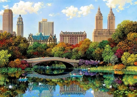 Bow Bridge - reflections, central park, water, skyscrapers, city, new york