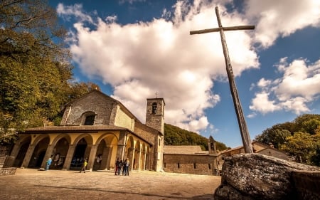 Church and Cross - clouds, cross, church, bell, sky