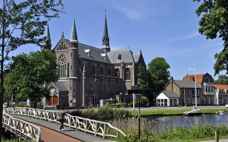 Church in Alkmaar, Netherlands - netherlands, church, canal, bridge, alkmaar