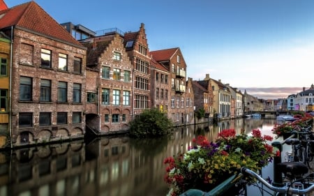 Ghent, Belgium - belgium, houses, ghent, flowers, canal, bicycles