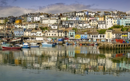 Harbor in Brixham, England - calm, England, town, harbor, houses, reflection