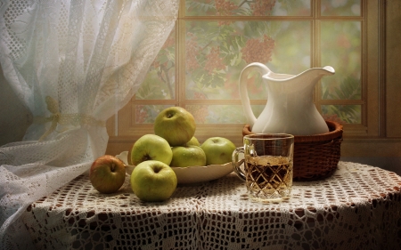 Still Life with Apples - table, apples, still life, juice