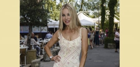 Xenia Seeburg - spaghetti straps, necklace, white dress, at a festival, watch, ring, blonde