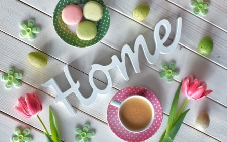 :) - word, cookie, cup, white, home, pink, green, card, tulip, macaron, flower