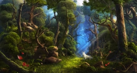 Keeper - blue, forest, sergey hudyakov, fantasy, white, green, deer, art, luminos