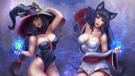 Ahri - hat, couple, fantasy, witch, fox, luminos, red, blue, ahri