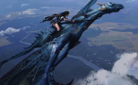 Dragon rider - art, girl, luminos, blue, dragon, fantasy, rider, huang fan