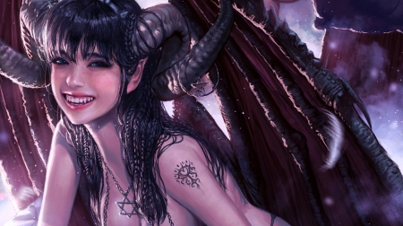 Succubs - tattoo, girl, pink, KyuYong Eom, horns, succubus, black, fantasy, smile, demon