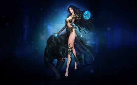 Sorceress - sorceress, blue, girl, dark, black, fantasy, panther, muel kim, luminos