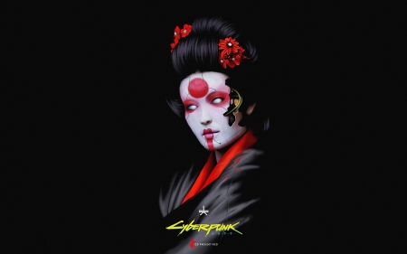 Cyberpunk 2077 Geisha - face, geisha, tobias kropp, red, cyberpunk, asian, black, fantasy