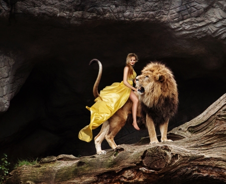 Beauty and the beast - beauty and the beast, girl, lion, yellow, leu, animal, fantasy, dress