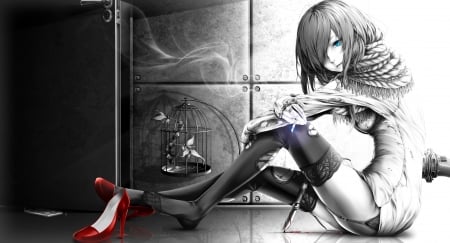 :) - stilettos, girl, black, fantasy, bouno satoshi, bird, cage, white, red, anime, manga, shoes