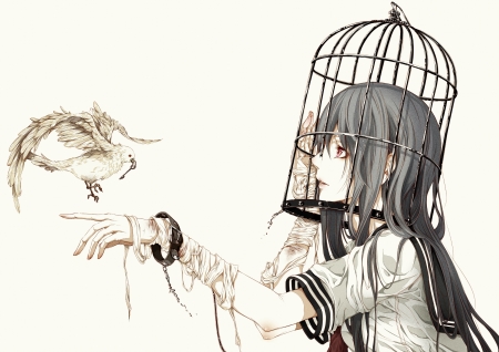 :) - cage, girl, anime, bouno satoshi, manga, bird