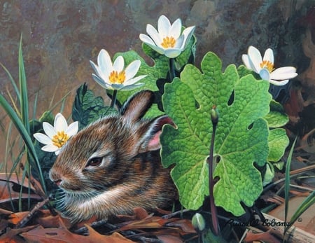 Bunny - russell cobane, leaf, bunny, painting, art, rabbit, pictura, green, flower