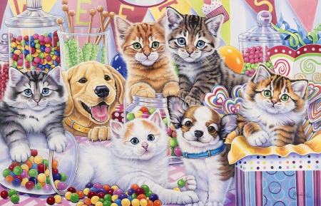 Sweets - dog, sweets, cat, pictura, animal, kitten, painting, pisici, cute, caine, puppy, art