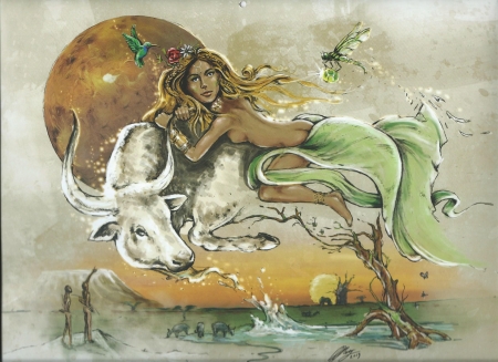 Zodiac ~ Taurus - cow, fantasy, african zodiac, girl, taurus, art, blue ocean design