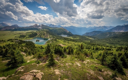 Mountain Landscape - lakes, trees, landscape, clouds, mountains