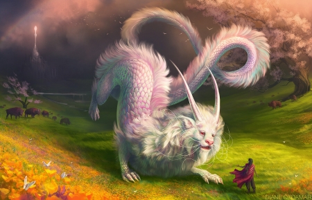 Falkor and Atryeu - fantasy, white, dragon, green, man, art, diane ozdamar, luminos