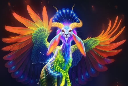 Alebrijes The Guardian - the guardian, diane ozdamar, alebrijes, colorful, wings, fantasy, horns, art, luminos, blue, creature, feather, orange, green