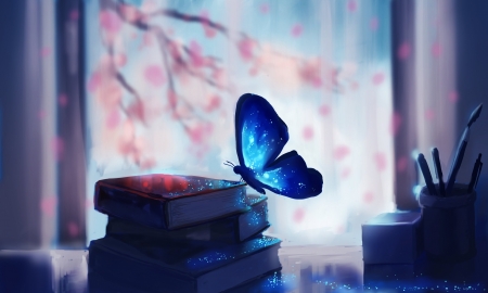 My Wallpaer - books, insects, buterfly, blue